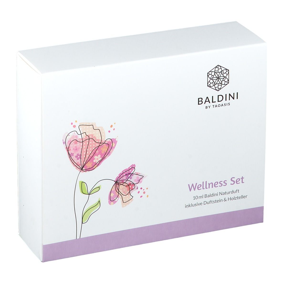 Boîte blanche avec nom du produit et motif floral. Inscription : Wellness Set.