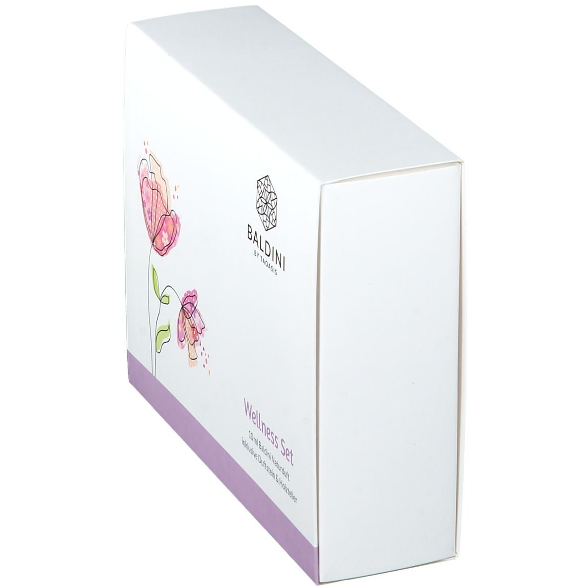 Boîte blanche avec motif floral et nom du produit. Inscription : Wellness Set.