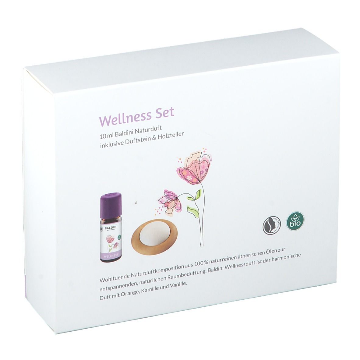 Boîte blanche avec nom du produit et motif floral. Contient flacon et pierre parfumée.