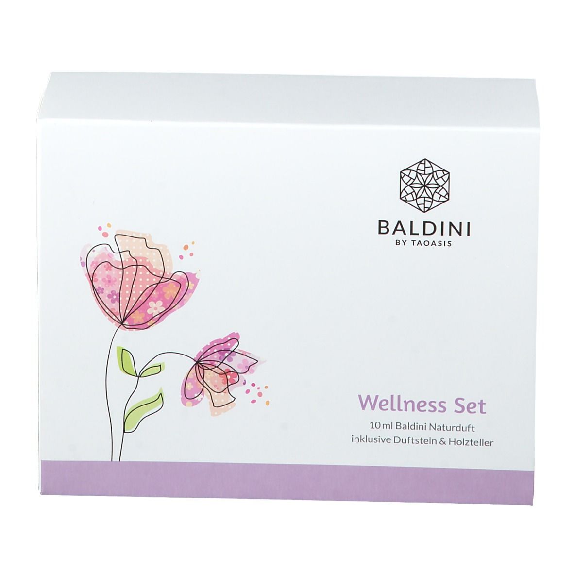 Boîte blanche avec motif floral et nom du produit. Inscription : Wellness Set.