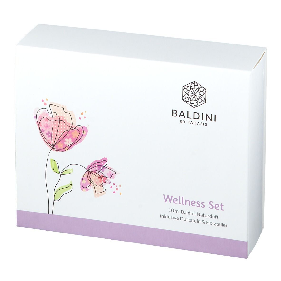 Boîte blanche avec motif floral et nom du produit. Inscription : Wellness Set.