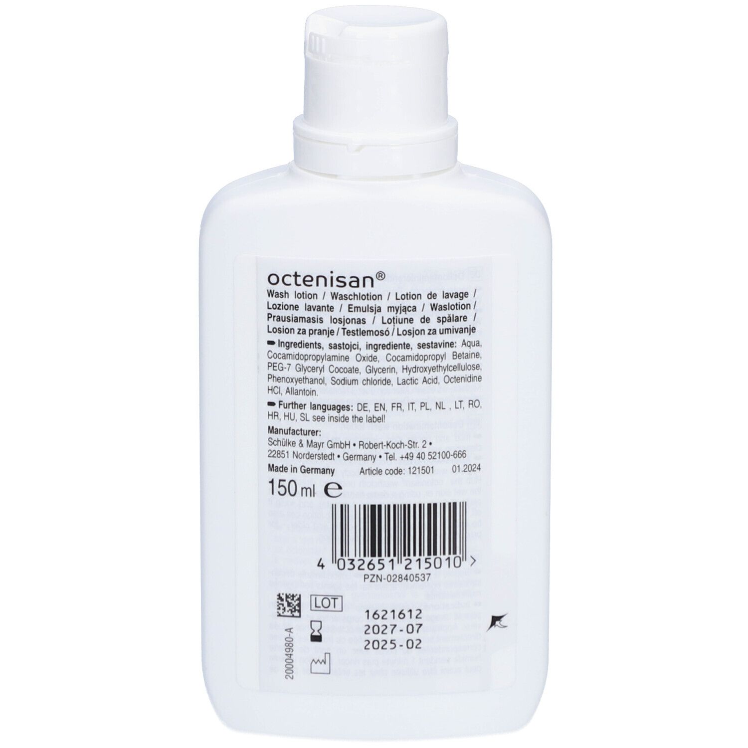 Rückseite der weißen Flasche octenisan® Waschlotion. Enthält Inhaltsstoffe, Herstellerinformationen und Barcode.