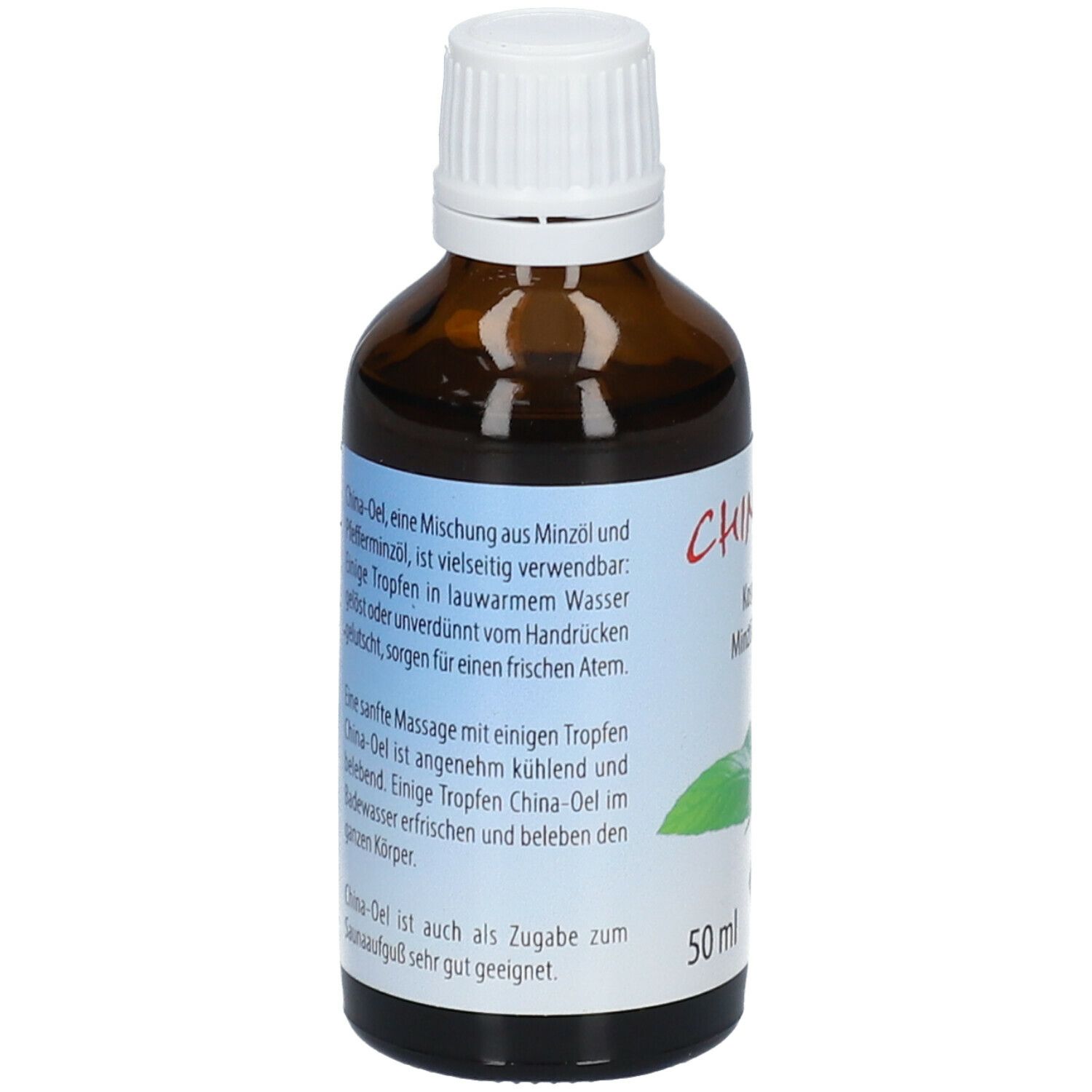 Flacon en verre brun avec bouchon blanc. Texte sur l'étiquette décrivant l'utilisation. 50 ml.