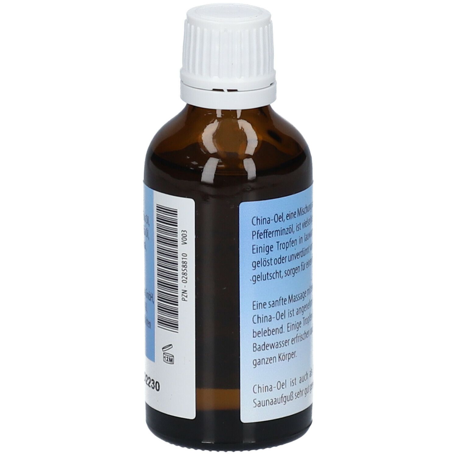 Flacon en verre brun avec bouchon blanc. Dos avec texte et code-barres. 50 ml.