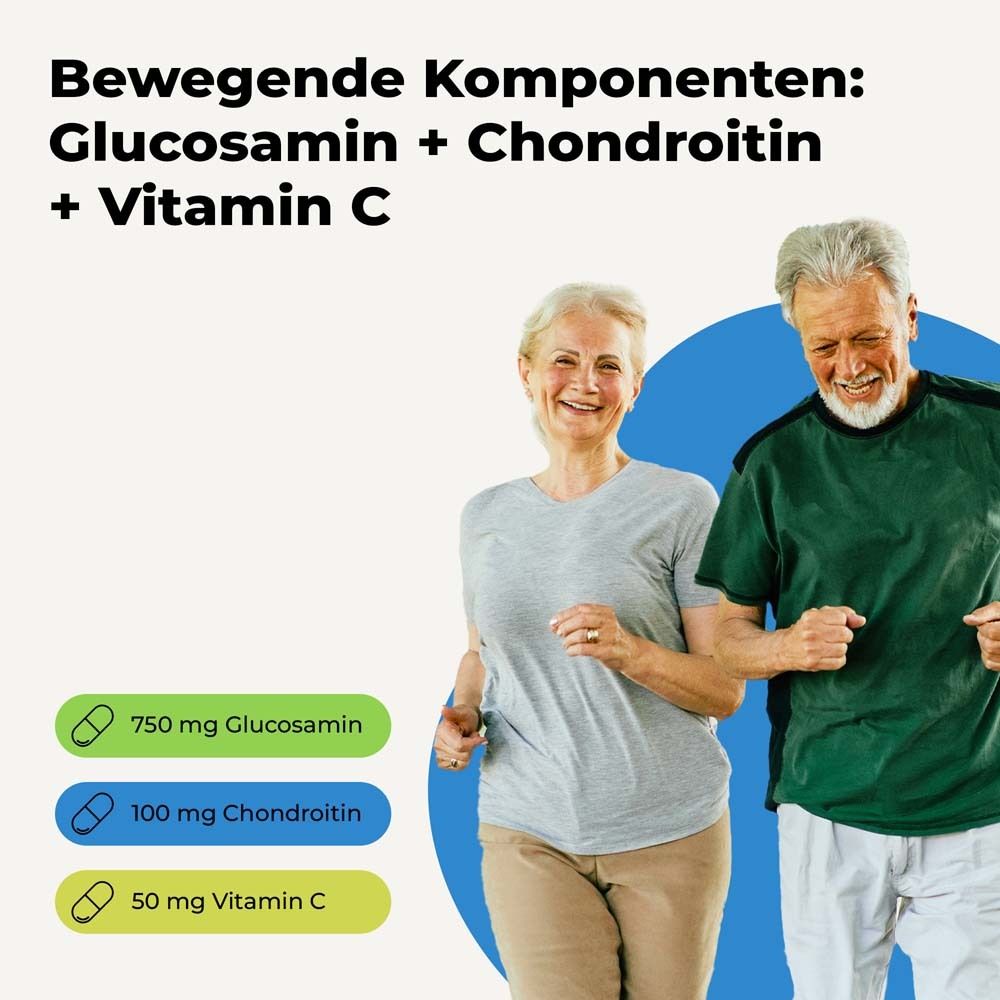 Älteres Paar beim Joggen. Text: Bewegende Komponenten: Glucosamin + Chondroitin + Vitamin C. Dosierung.