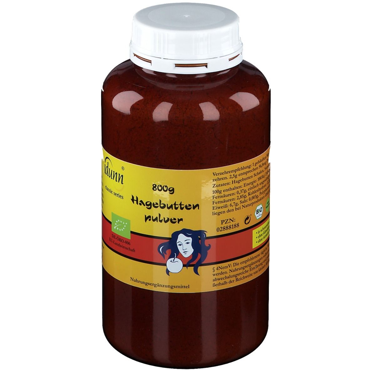 Braune Dose mit weißem Deckel. Aufschrift: idunn® BIO-Hagebuttenpulver, 800g. Mit Bio-Siegel.
