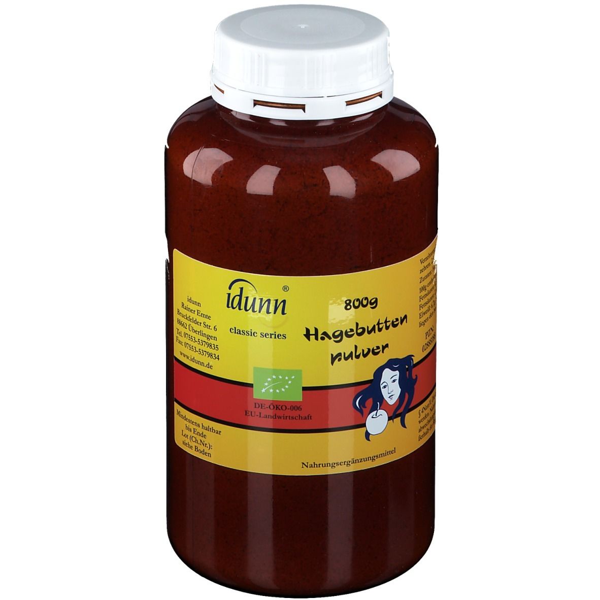 Braune Dose mit weißem Deckel. Aufschrift: idunn® BIO-Hagebuttenpulver, 800g. Mit Bio-Siegel.
