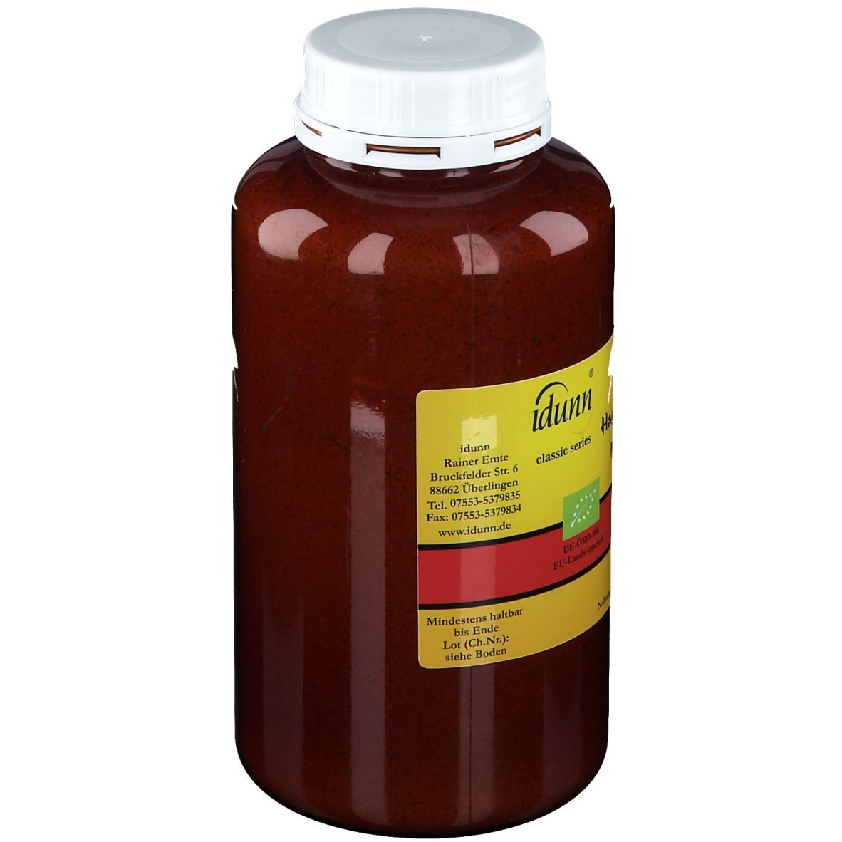 Braune Dose mit weißem Deckel. Aufschrift: idunn® BIO-Hagebuttenpulver, 800g. Mit Bio-Siegel.