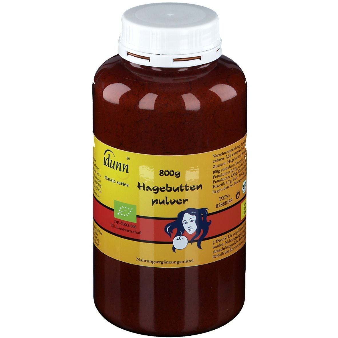 Braune Dose mit weißem Deckel. Aufschrift: idunn® BIO-Hagebuttenpulver, 800g. Mit Bio-Siegel.