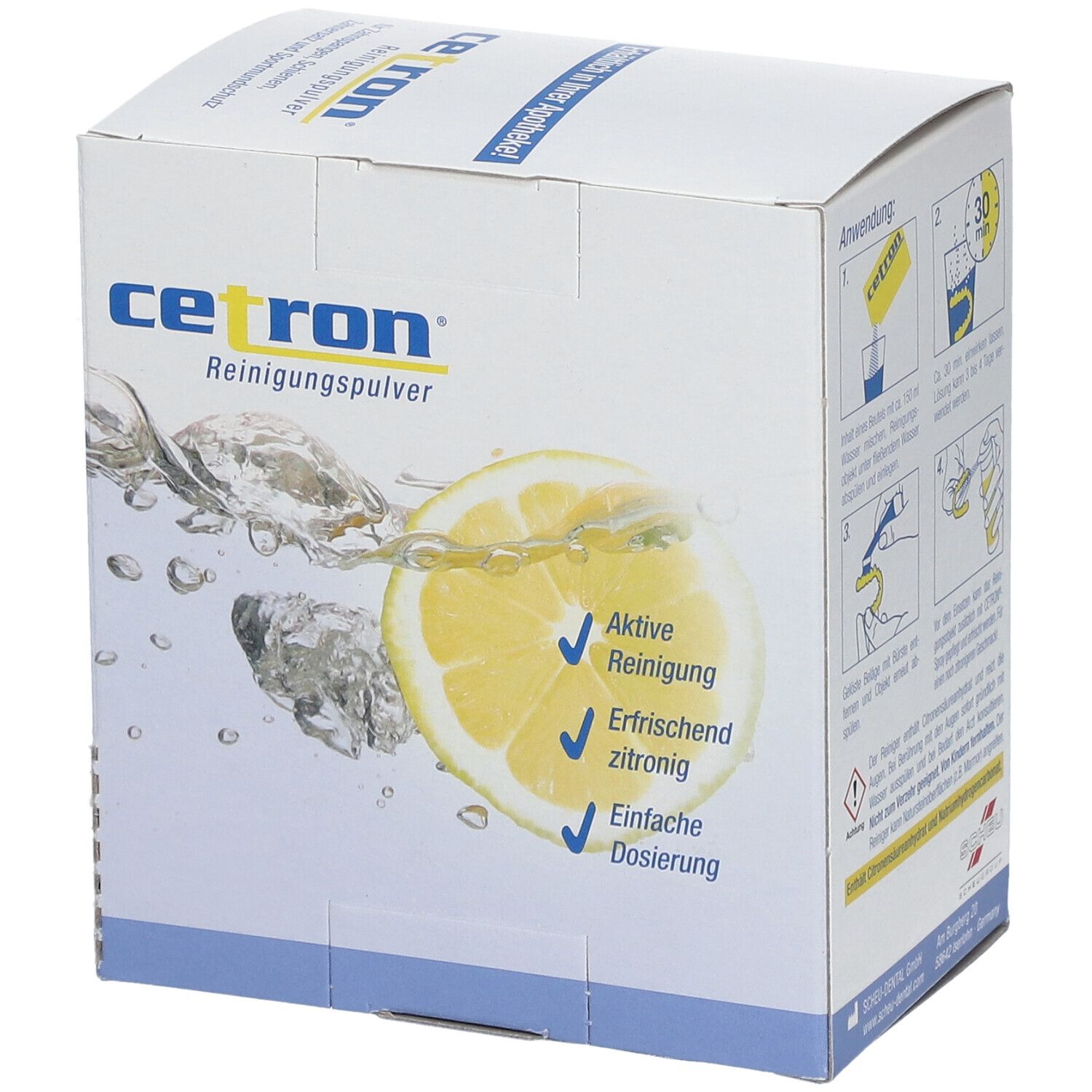 Cetron Reinigungspulver-Box. Aufdruck: Zitrone, Wasser, Aktive Reinigung, erfrischend zitronig, einfache Dosierung.