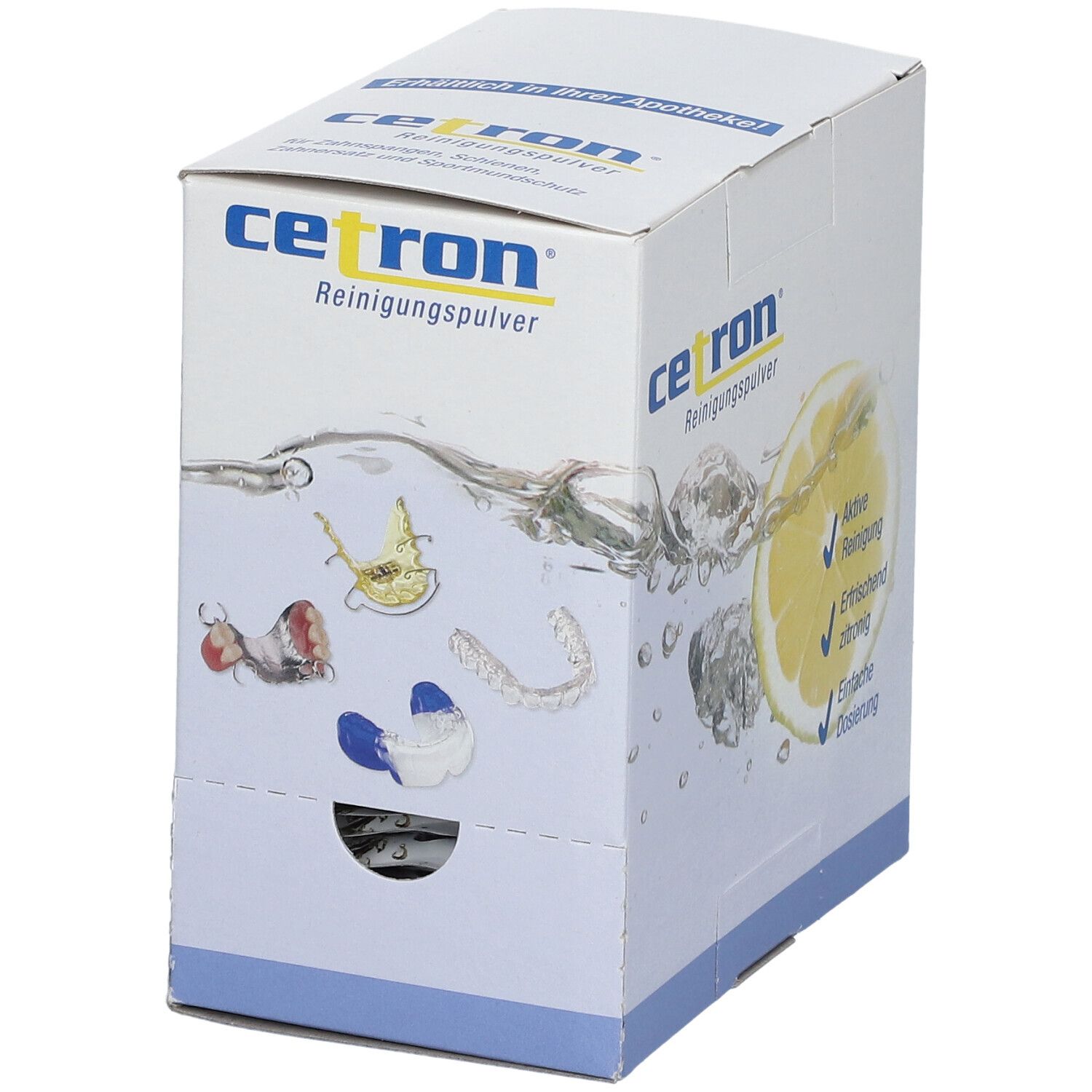 Cetron Reinigungspulver-Box mit geöffneter Schublade. Aufdruck: Zitrone, Wasser, Aktive Reinigung, erfrischend zitronig, einfache Dosierung.
