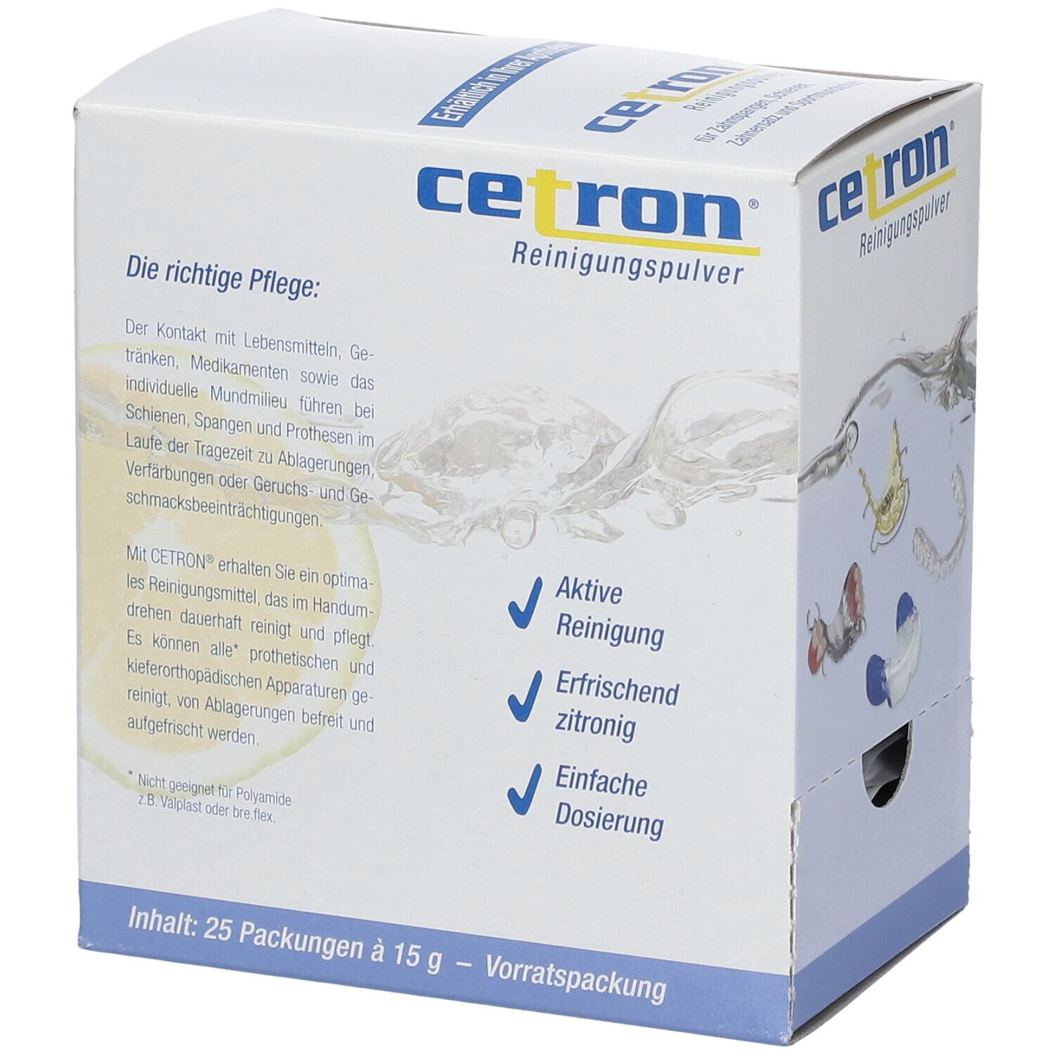 Cetron Reinigungspulver-Box. Text: Die richtige Pflege. Aufdruck: Zitrone, Wasser, Aktive Reinigung, erfrischend zitronig, einfache Dosierung.