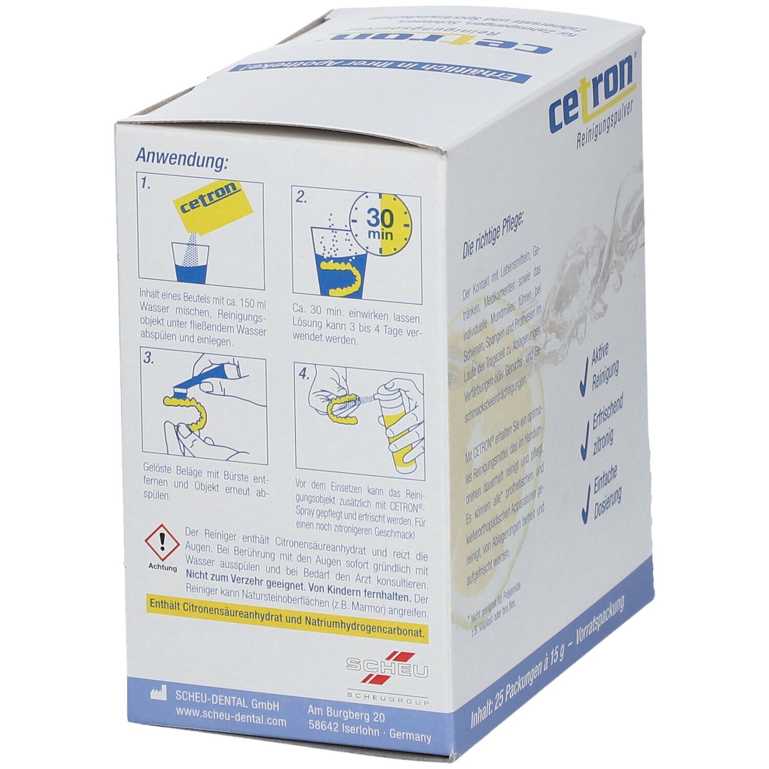 Cetron Reinigungspulver-Box. Aufdruck: Anwendung, Inhaltsstoffe, 25 Packungen à 15 g. Illustrationen zur Anwendung.