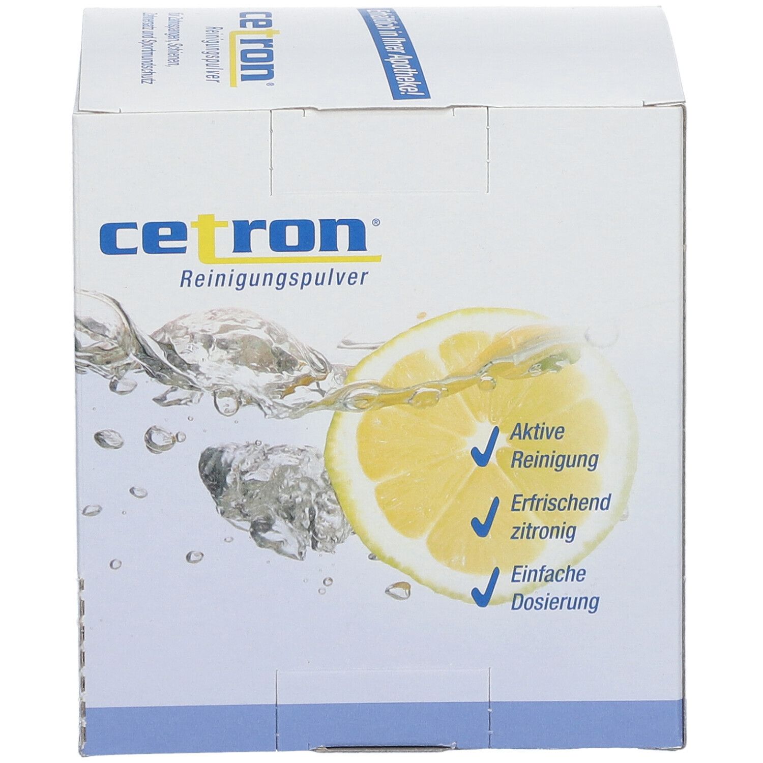 Cetron Reinigungspulver-Box. Aufdruck: Zitrone, Wasser, Aktive Reinigung, erfrischend zitronig, einfache Dosierung.
