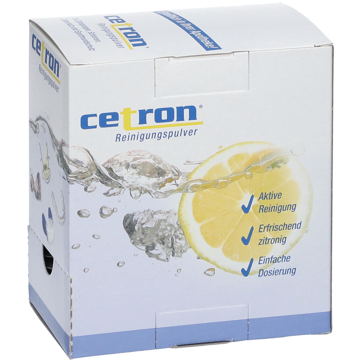 Cetron Reinigungspulver-Box. Aufdruck: Zitrone, Wasser, Aktive Reinigung, erfrischend zitronig, einfache Dosierung.
