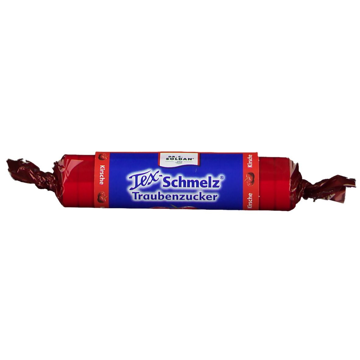 Bonbon cylindrique rouge emballé. Inscription: Tex-Schmelz Traubenzucker Kirsche.