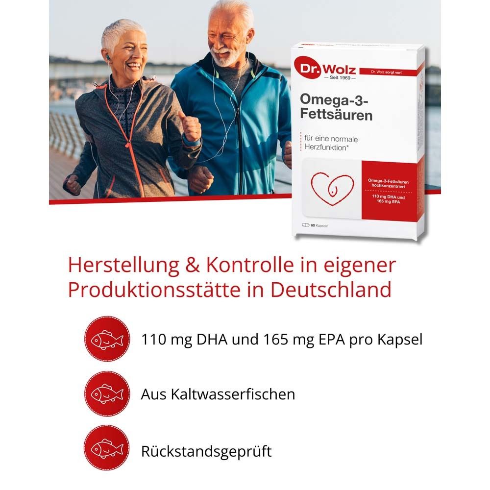 Omega-3-Fettsäuren von Dr. Wolz, 110 mg DHA und 165 mg EPA pro Kapsel, hochrein, 60 Kapseln