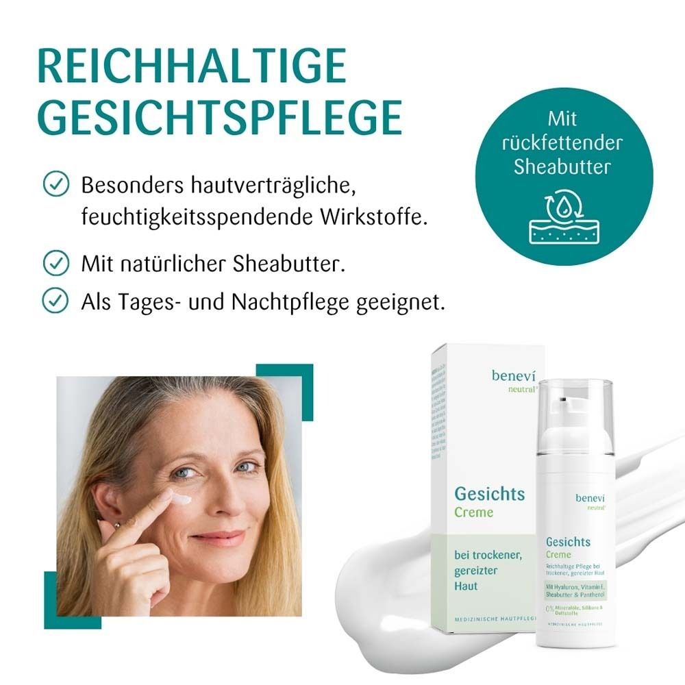 Frau trägt Creme auf. Daneben Creme und Verpackung. Text: benevi neutral, Gesichts Creme, bei trockener, gereizter Haut.