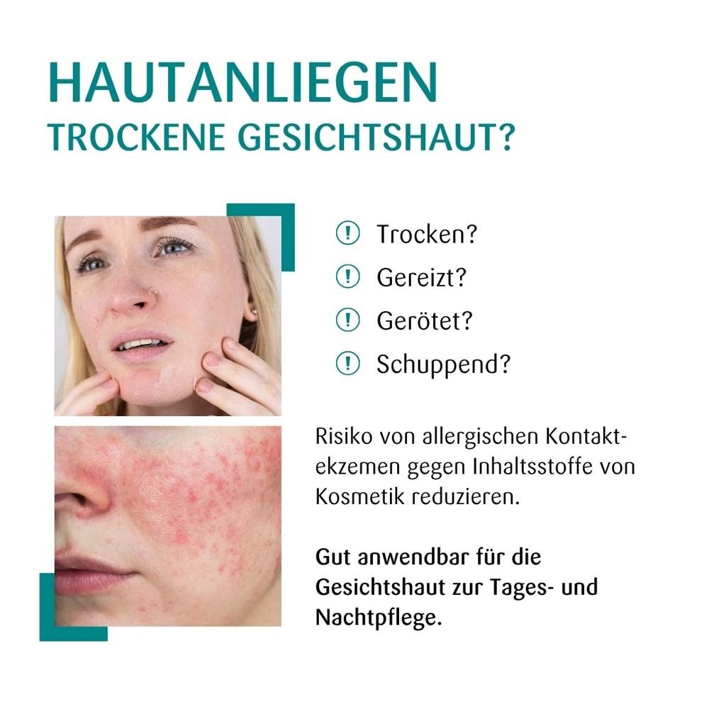 Infografik. Fragen zu trockener Gesichtshaut. Bilder von Haut. Text: Gesichtscreme für Tages- und Nachtpflege.