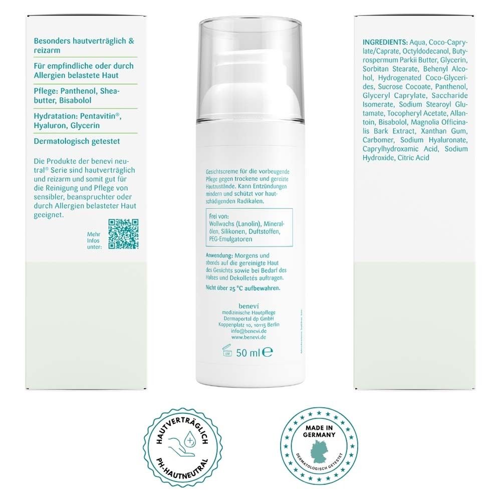 Rückseite der Creme. Text: Inhaltsstoffe, Anwendung, Hinweise. Logos: pH-hautneutral, Made in Germany.
