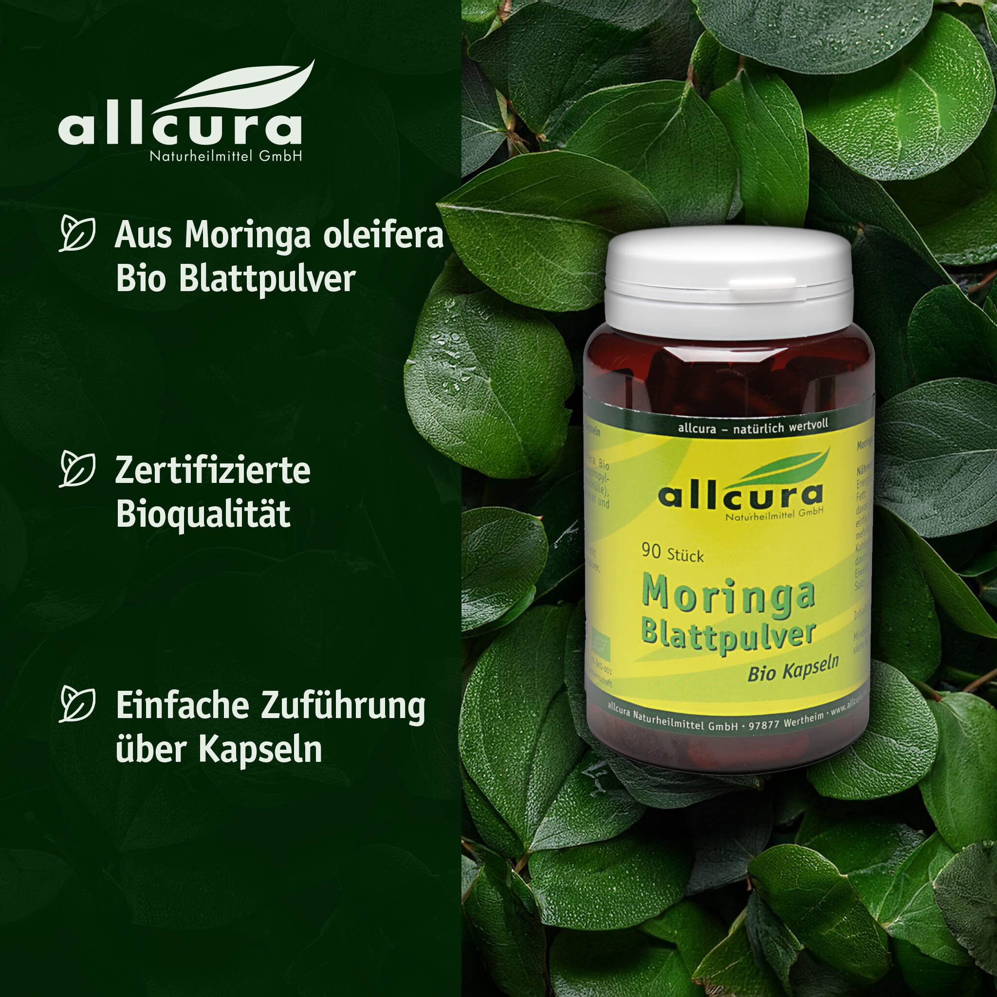 Flacon de allcura Moringa Blattpulver Bio Kapseln. Texte : De Moringa oleifera Bio Blattpulver, qualité bio.