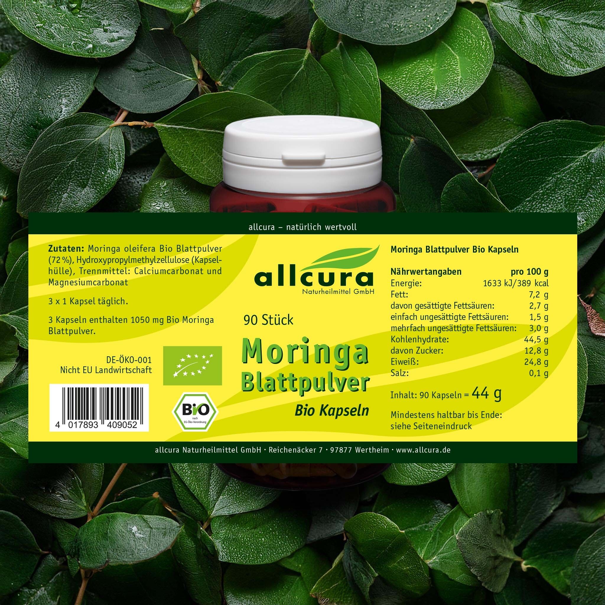 Flacon de allcura Moringa Blattpulver Bio Kapseln. Inscription : 90 pièces. Informations nutritionnelles. Label bio.