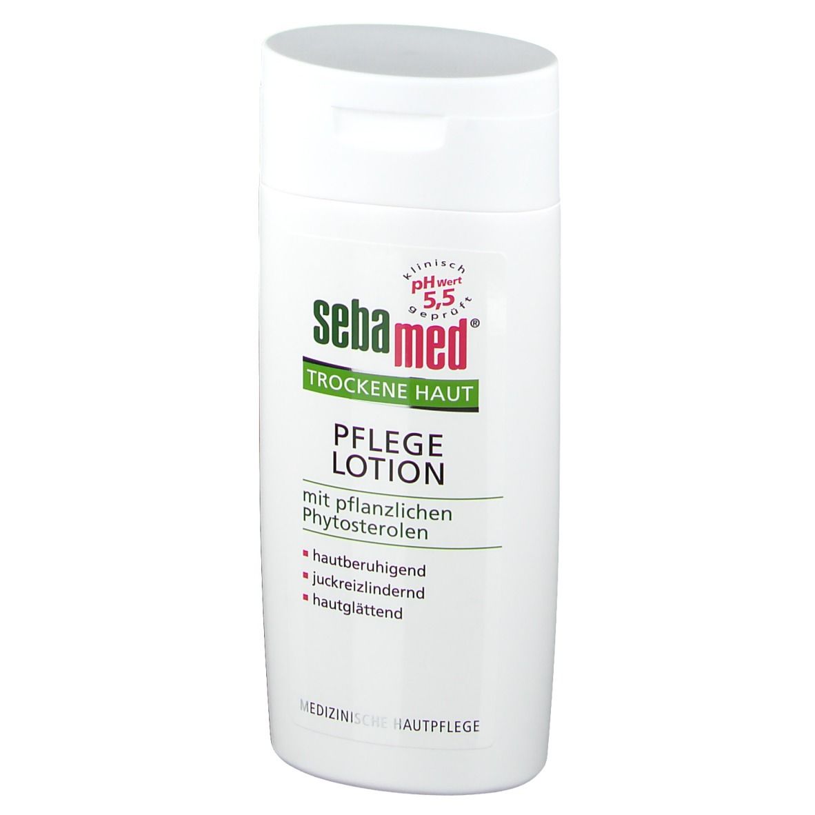 Flacon blanc "sebamed Trockene Haut Pflegelotion". Texte: apaisant, anti-démangeaisons, lissant. pH 5,5.