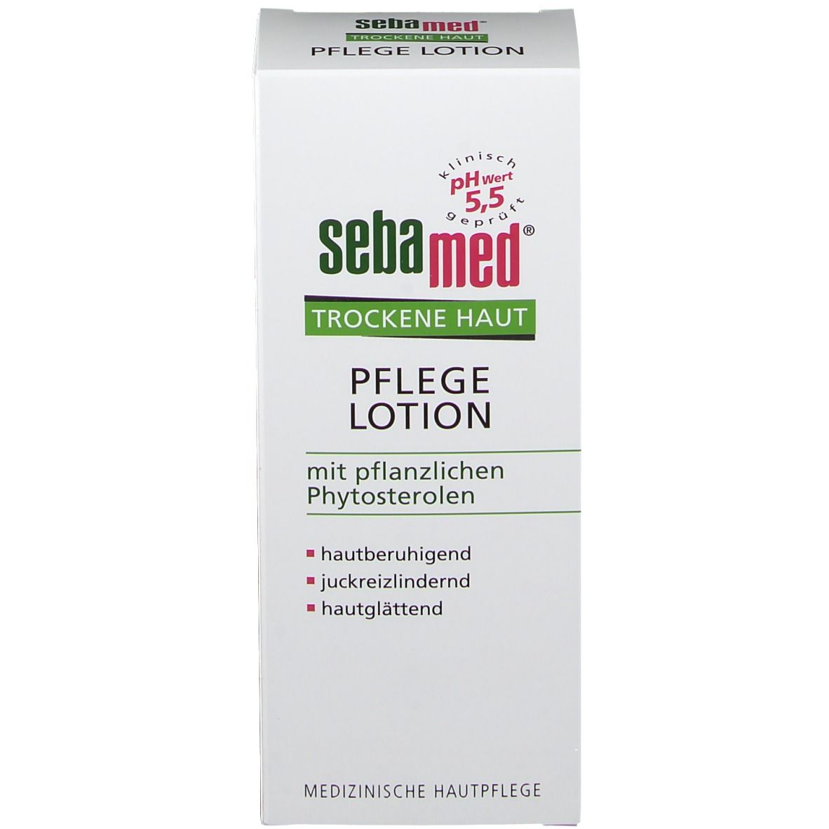 Emballage "sebamed Trockene Haut Pflegelotion". Texte: apaisant, anti-démangeaisons, lissant. pH 5,5.