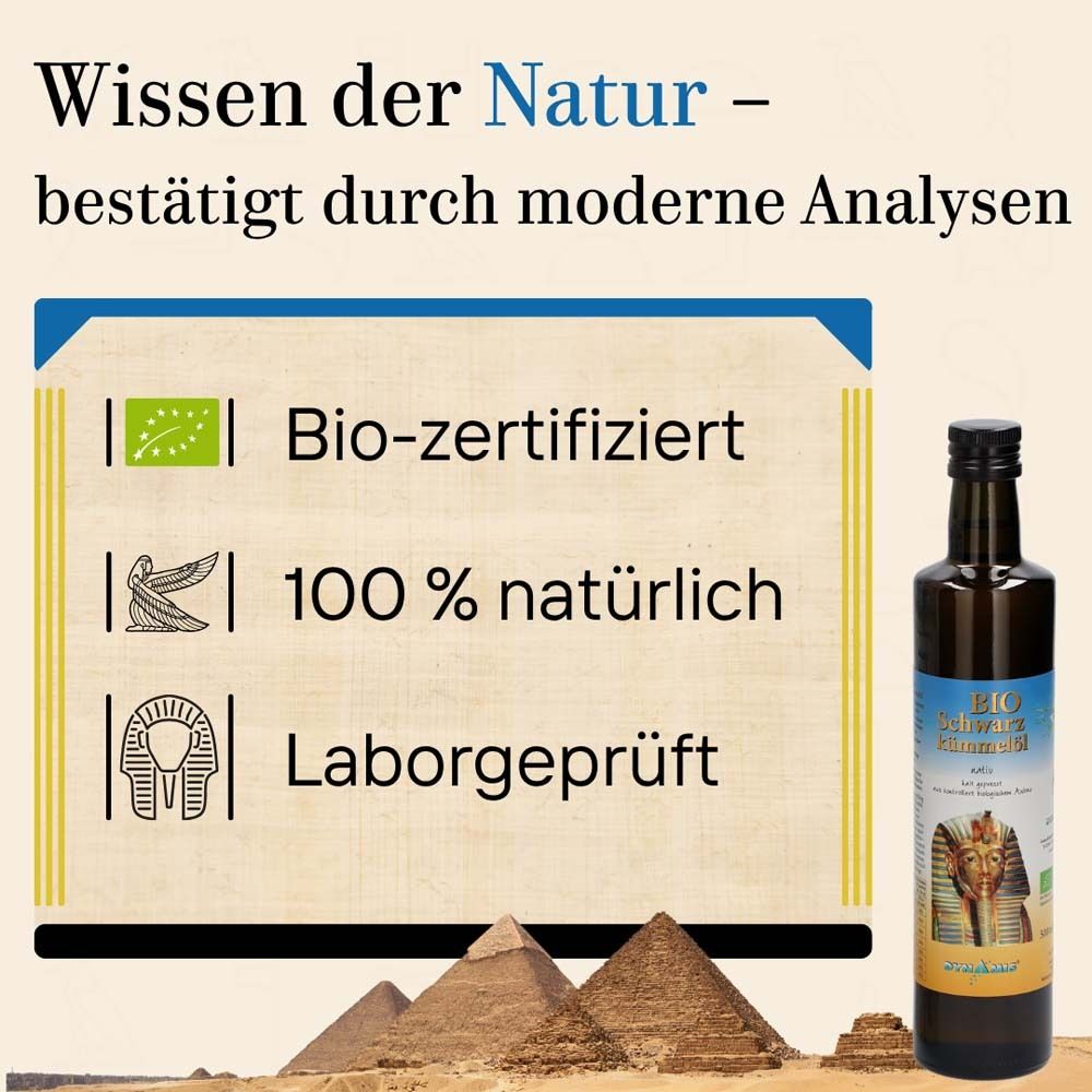 Werbetext: Bio-zertifiziert, 100% natürlich, Laborgeprüft. Flasche BIO-Schwarzkümmelöl mit Pyramiden im Hintergrund.
