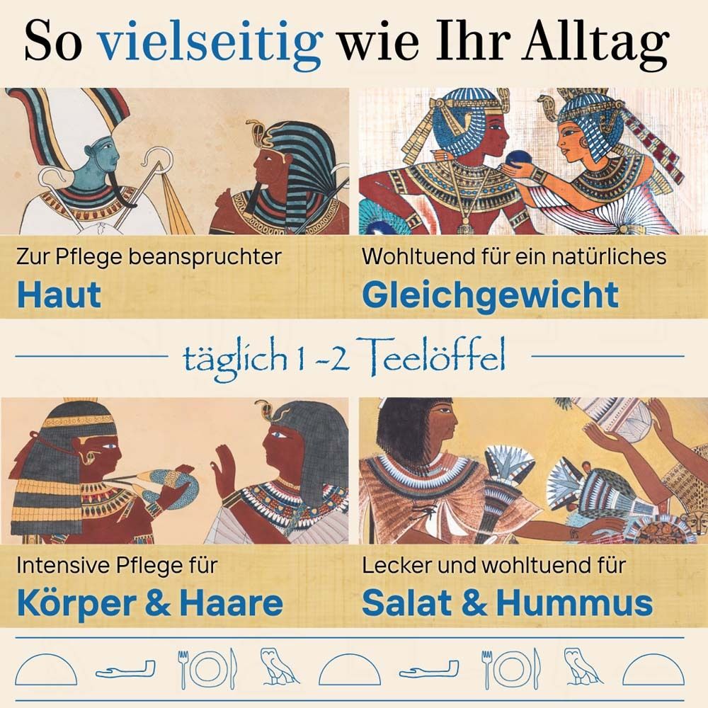 Anwendungsbeispiele: Haut, Gleichgewicht, Körper & Haare, Salat & Hummus. Illustrationen mit ägyptischen Motiven.
