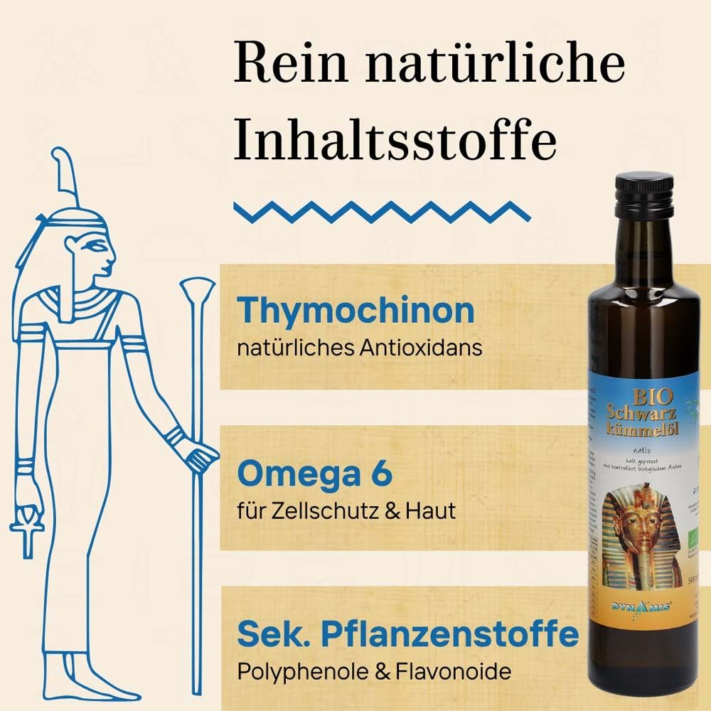 Inhaltsstoffe: Thymochinon, Omega 6, Sek. Pflanzenstoffe. Flasche BIO-Schwarzkümmelöl mit ägyptischer Illustration.