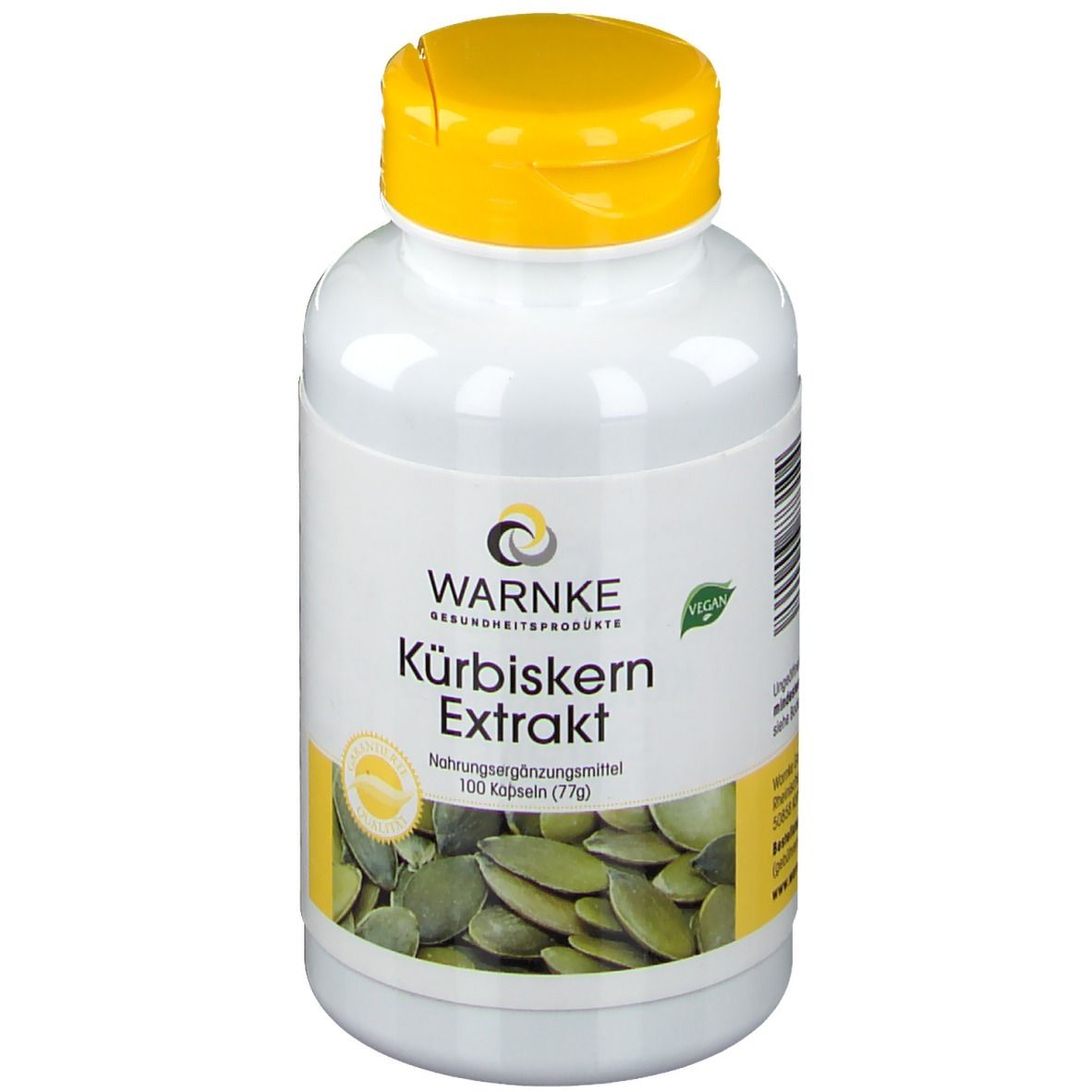 Flacon blanc à bouchon jaune. Inscription: WARNKE Kürbiskern Extrakt. Label végétalien. Illustration de graines de courge.