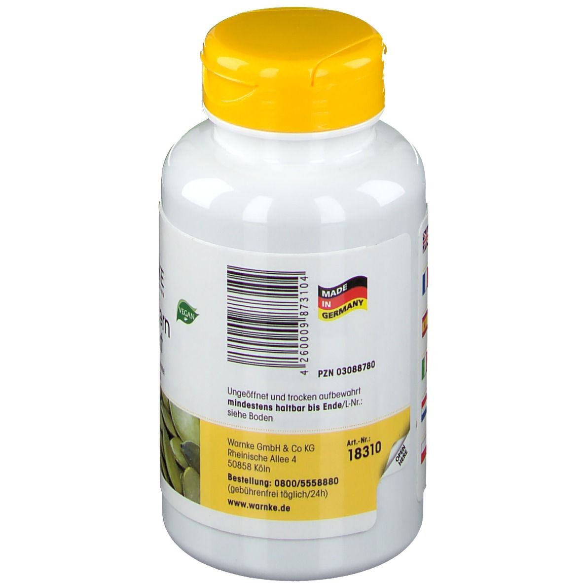 Dos du flacon blanc à bouchon jaune. Code-barres, label Made in Germany. Étiquette jaune avec texte et logo.