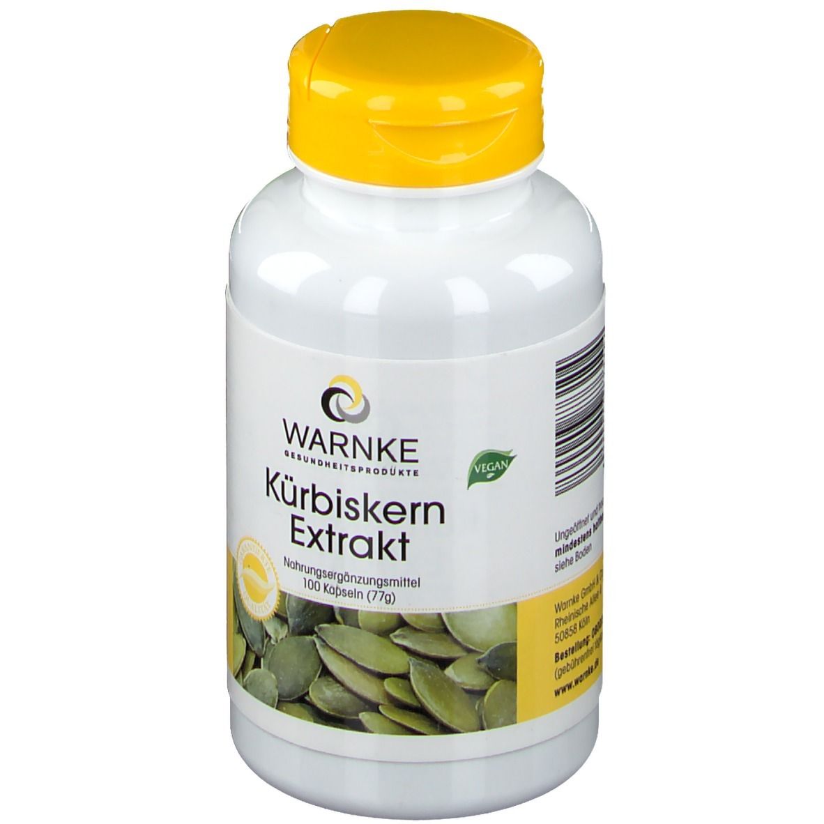 Flacon blanc à bouchon jaune. Inscription: WARNKE Kürbiskern Extrakt. Label végétalien. Illustration de graines de courge.