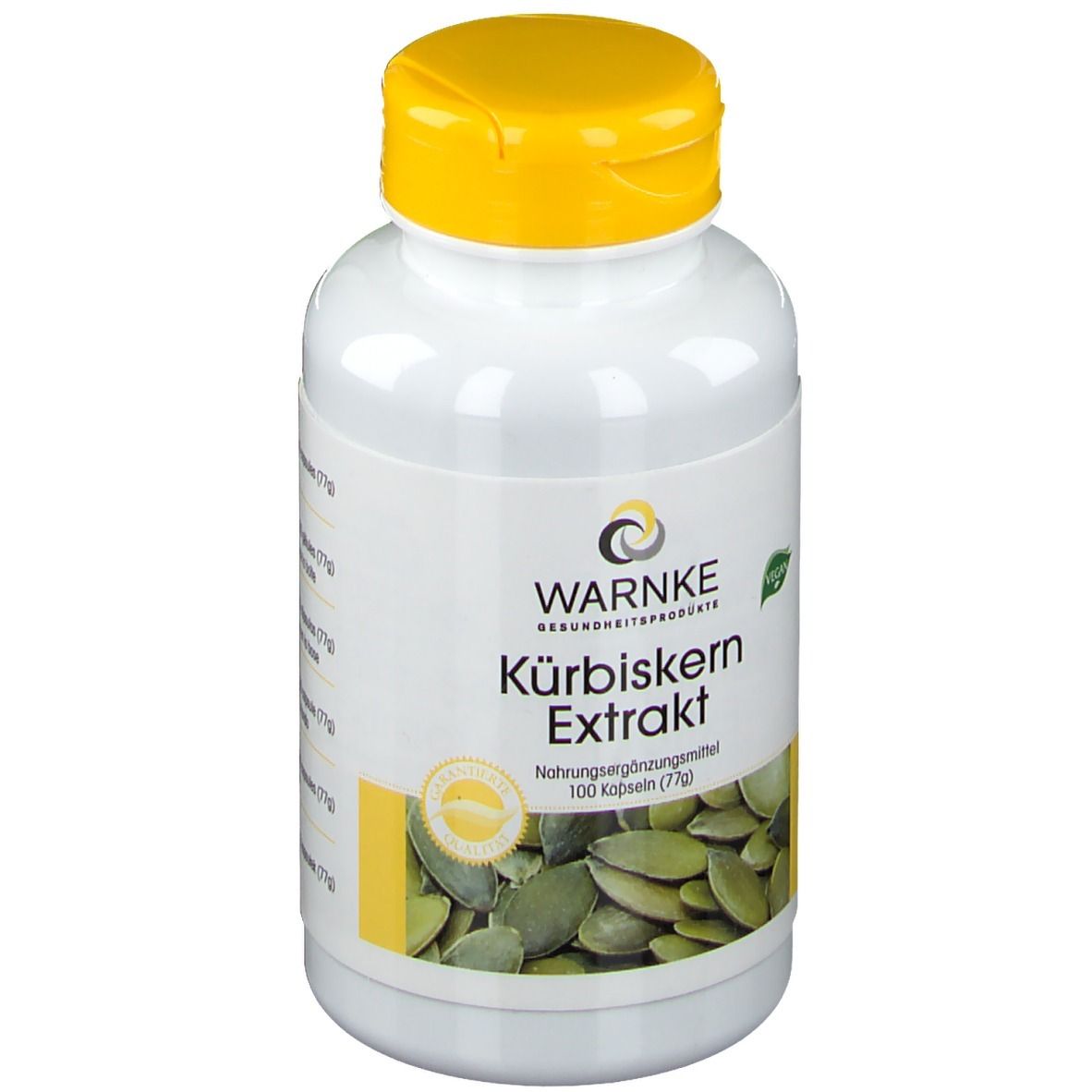 Flacon blanc à bouchon jaune. Inscription: WARNKE Kürbiskern Extrakt. Label végétalien. Illustration de graines de courge.