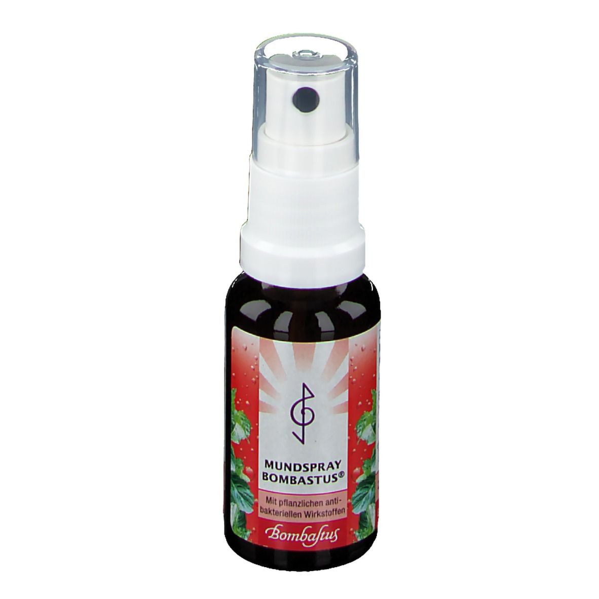 Braune Flasche mit weißem Sprühkopf. Aufschrift: Mundspray Bombastus. Mit pflanzlichen Wirkstoffen.