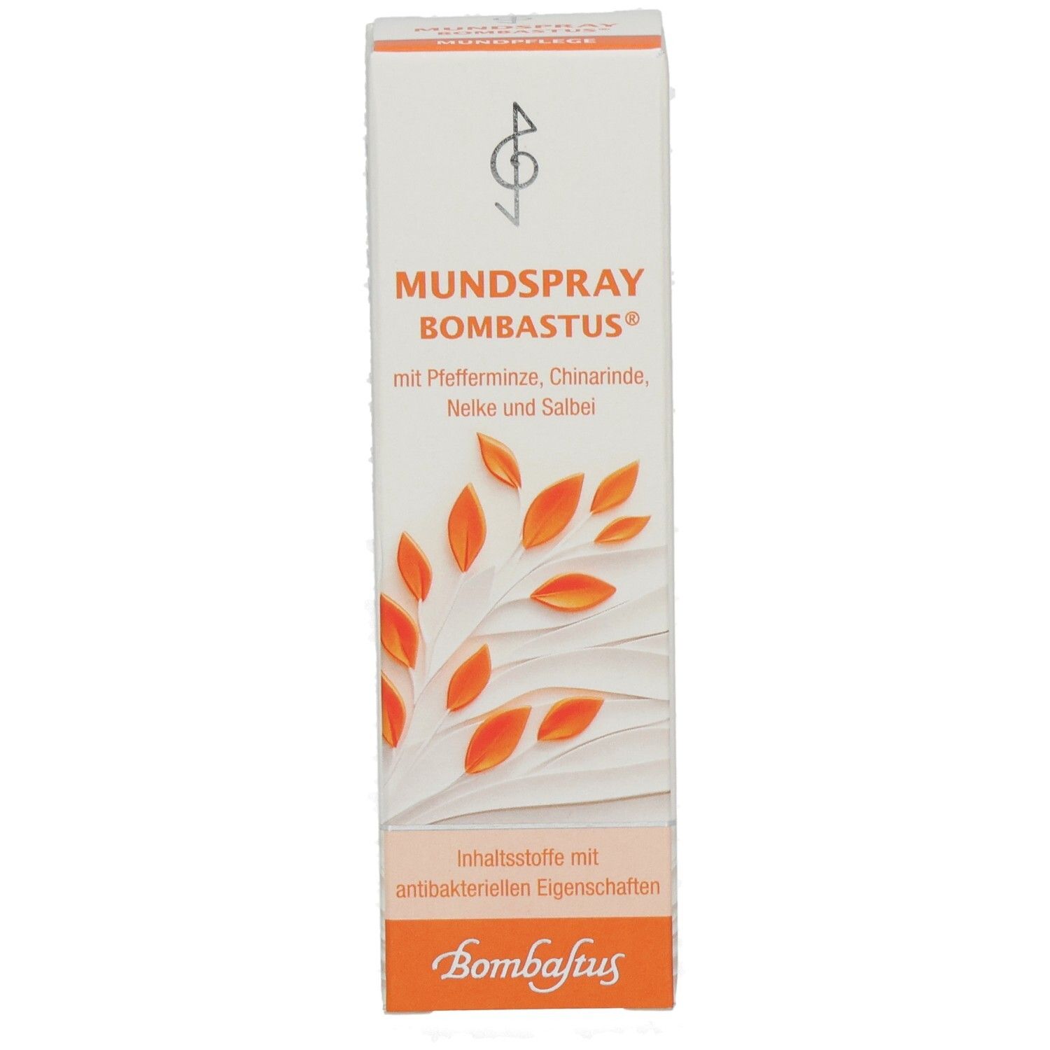 Braune Flasche mit Mundspray und weißem Sprühkopf. Aufschrift: Mundspray Bombastus mit pflanzlichen Wirkstoffen. Roter Hintergrund.