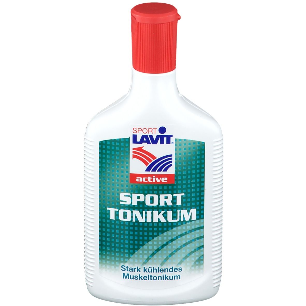 Flasche SPORT LAVIT Sport Tonikum. Weißes Gefäß mit rotem Verschluss. Grün-weißes Etikett mit Produktnamen und Logo.