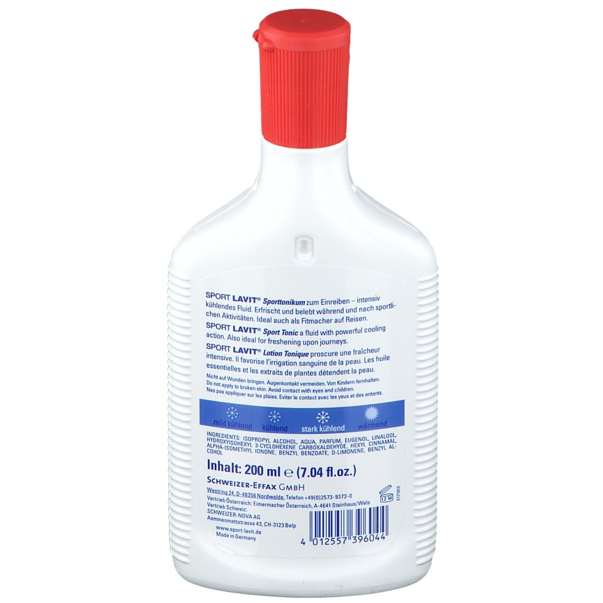Rückseite der SPORT LAVIT Sport Tonikum Flasche. Enthält Textinformationen und Inhaltsstoffe. Weißes Gefäß mit rotem Verschluss.