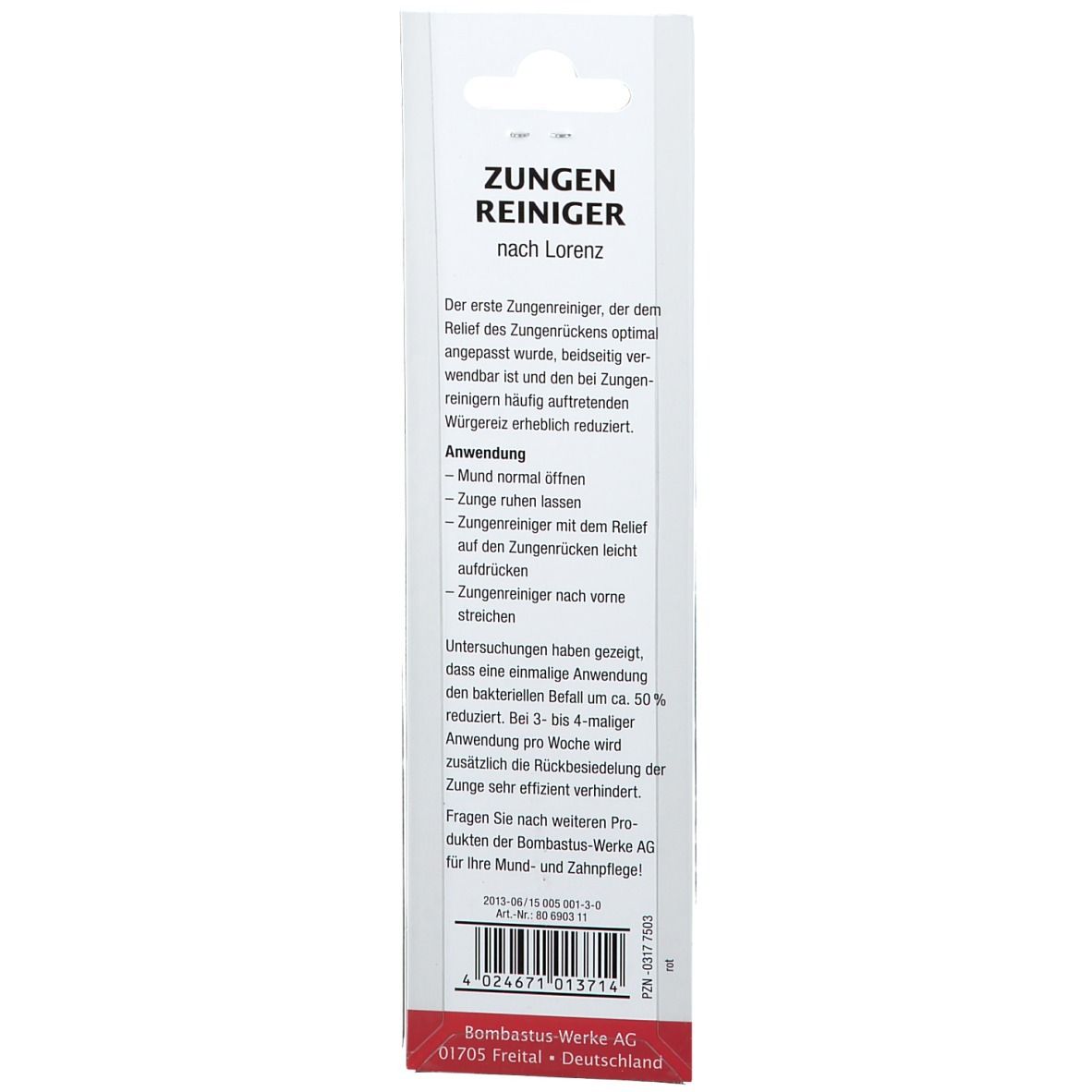 Emballage du nettoyeur de langue. Blanc avec texte: Zungenreiniger nach Lorenz. Description, mode d'emploi, informations fabricant.