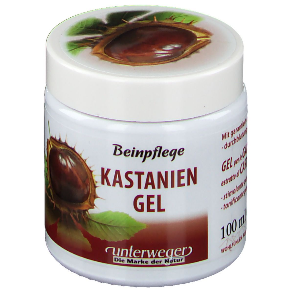 Pot blanc de gel de châtaigne. Inscription: Beinpflege Kastanien Gel. Marque: unterweger. Couvercle avec motif de châtaigne.