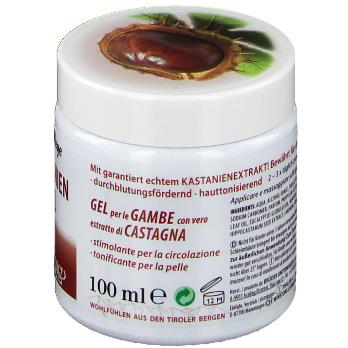 Pot blanc de gel de châtaigne. Inscription: Beinpflege Kastanien Gel. Texte supplémentaire: Gel per le gambe. 100 ml. Couvercle avec motif.