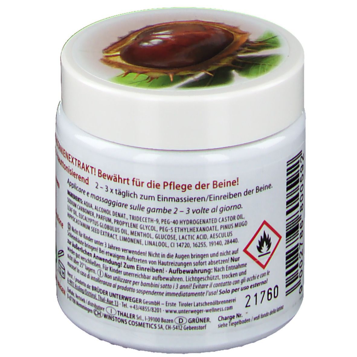 Pot blanc de gel de châtaigne. Inscription: Beinpflege Kastanien Gel. Dos avec texte et avertissements. Couvercle avec motif de châtaigne.