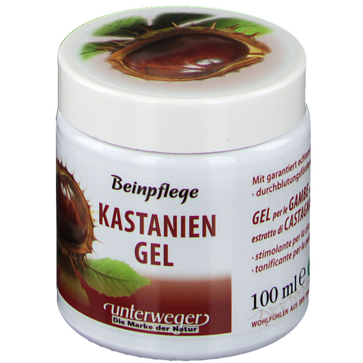 Pot blanc de gel de châtaigne. Inscription: Beinpflege Kastanien Gel. 100 ml. Couvercle avec motif de châtaigne. Marque: unterweger.