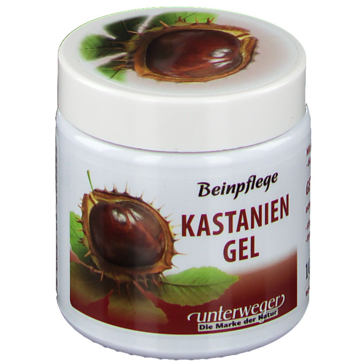 Pot blanc de gel de châtaigne. Inscription: Beinpflege Kastanien Gel. Couvercle avec motif de châtaigne. Marque: unterweger.