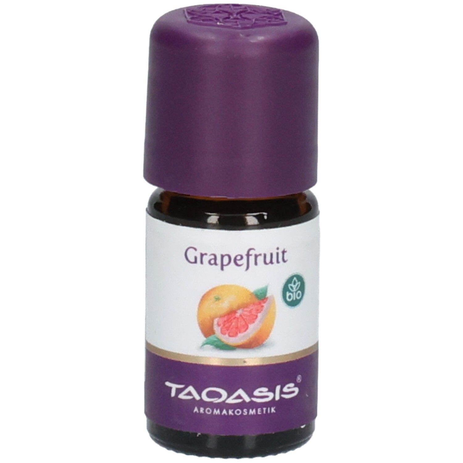 Flacon en verre brun avec bouchon violet. Inscription "Grapefruit" et image de pamplemousse. Logo et label "BIO".