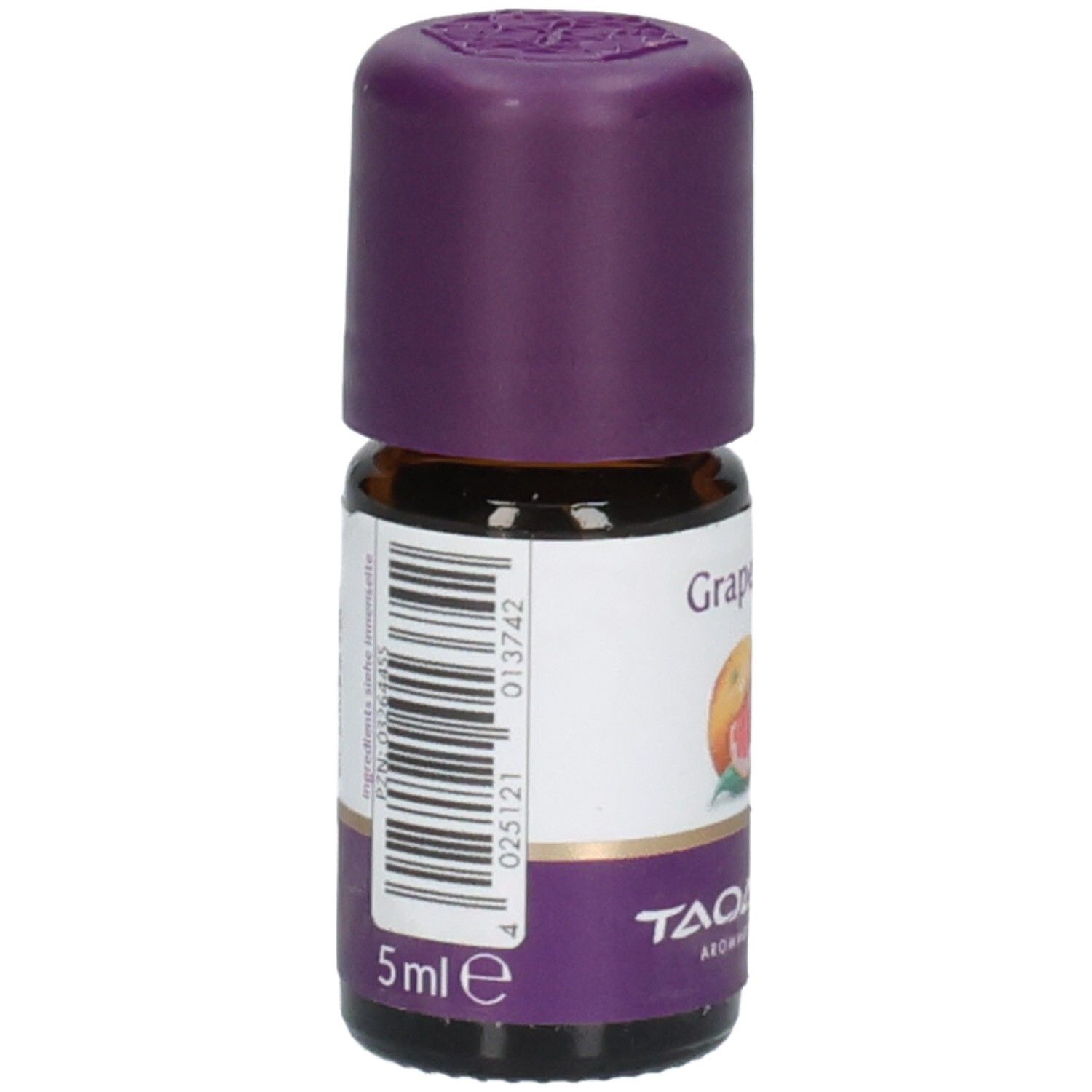 Flacon en verre brun avec bouchon violet. Autocollant avec code-barres et indication "5 ml". Logo en bas.