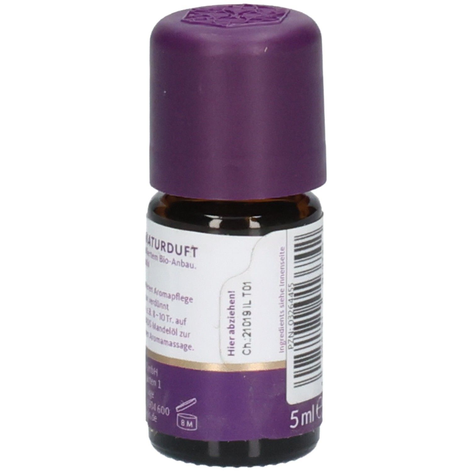 Flacon en verre brun avec bouchon violet. Autocollant avec texte et code-barres. Indication "5 ml".
