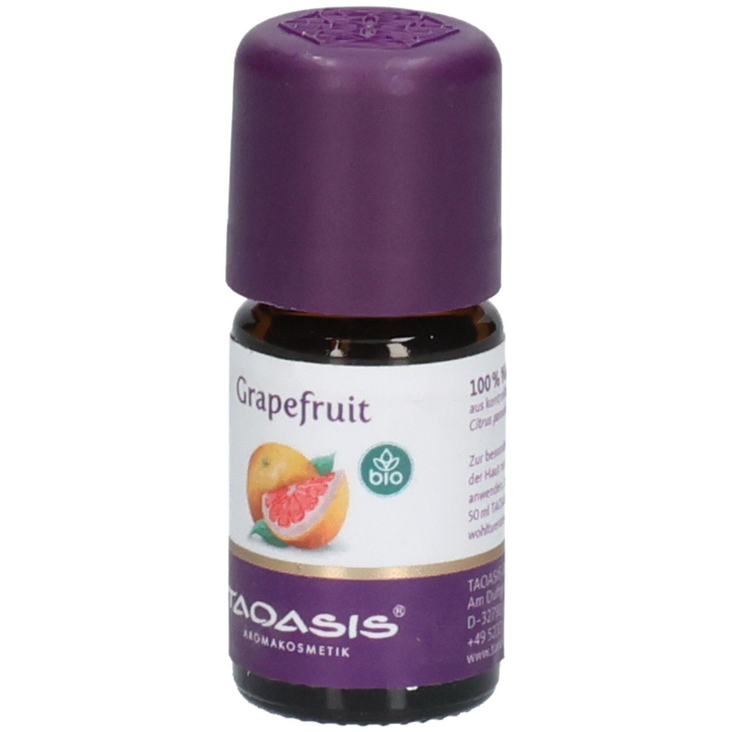 Flacon en verre brun avec bouchon violet. Inscription "Grapefruit" et image de pamplemousse. Logo et label "BIO".