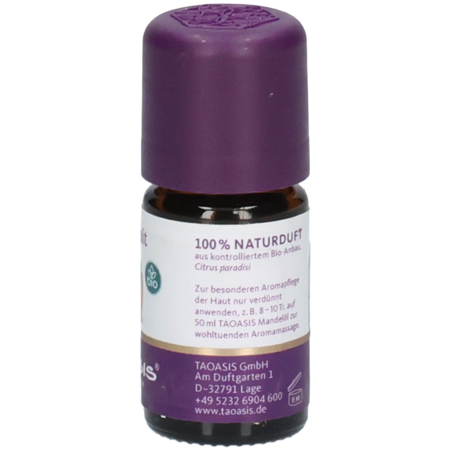 Flacon en verre brun avec bouchon violet. Inscription "100% NATURDUFT" et texte. Logo et label "BIO".